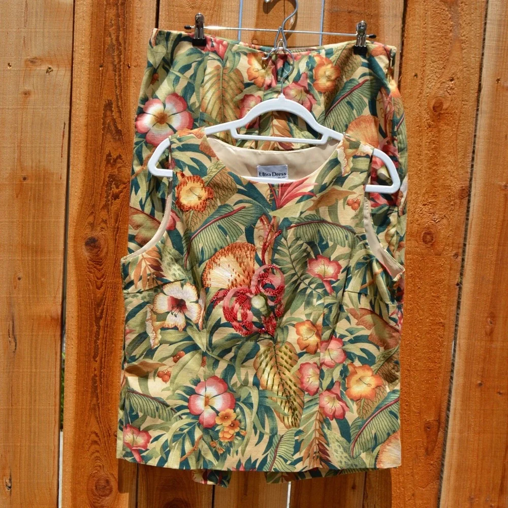 Ultra Dress Collection Tropical Floral Midi Dress in Green, Pink, Gold - Picture 2 of 16